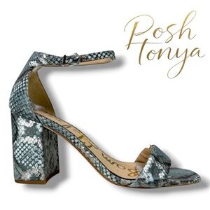 Sam Edelman Daniella Block Heel Sandals Blue Snakeskin Ankle Strap Square Toe